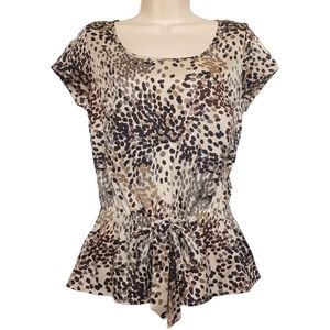 LOB COLLECTION 1 Brown Tan Polka Dot Print Short Sleeve Stretchy Peplum Top XS
